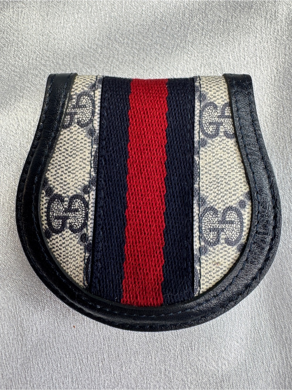 Gucci Vintage Blue Leather and Canvas Coin Pouch with Blue-Red Web Stripe